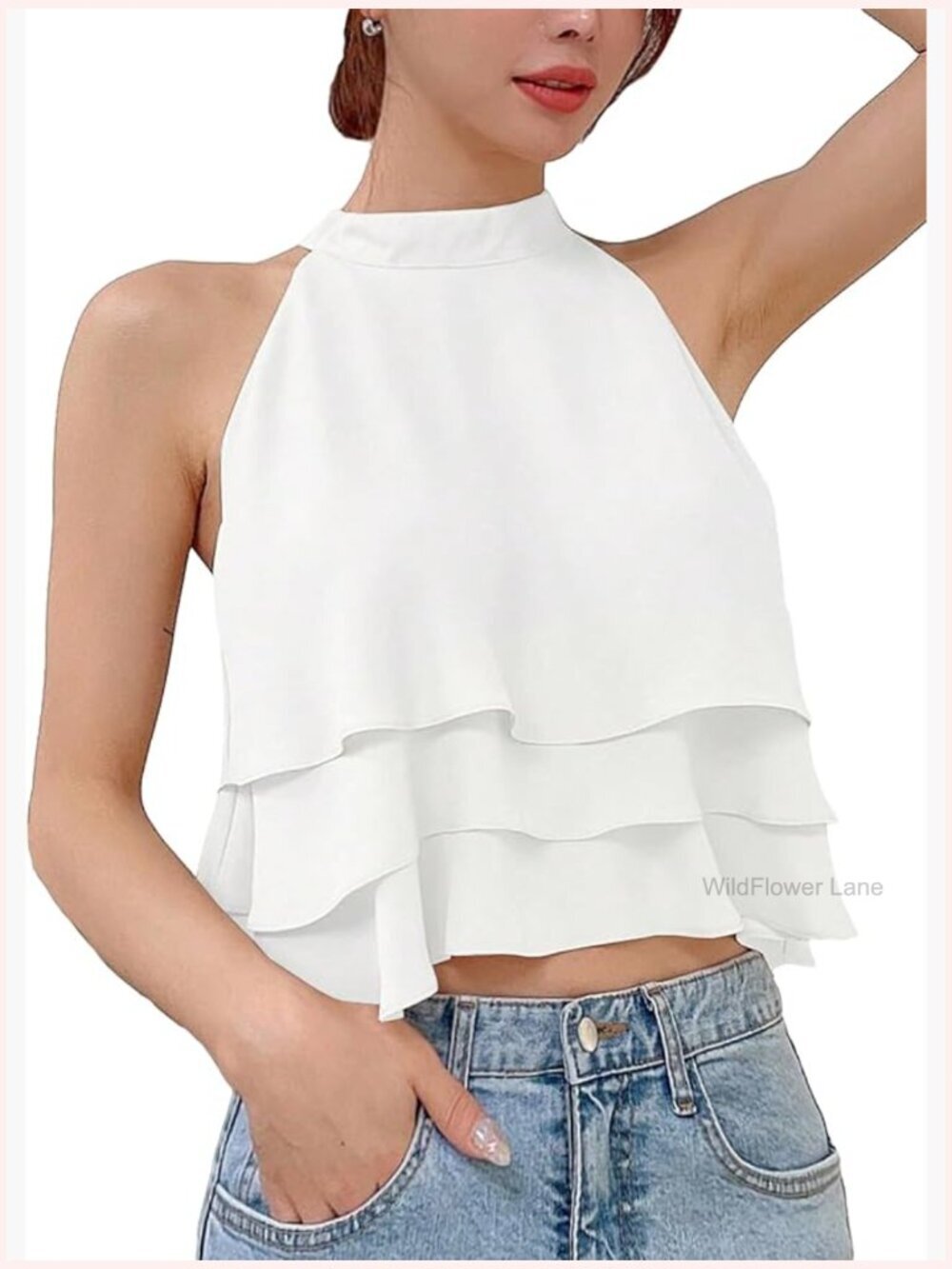 Layered Ruffle Halter Top Sleeveless Going Out Blouse Dressy Casual